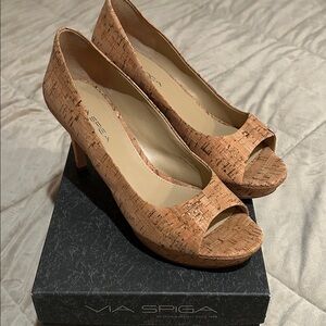 Via Spiga Women's Cork Peep Toe Heels